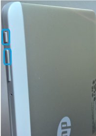 Side view of tablet with the power and volume up buttons highlighted