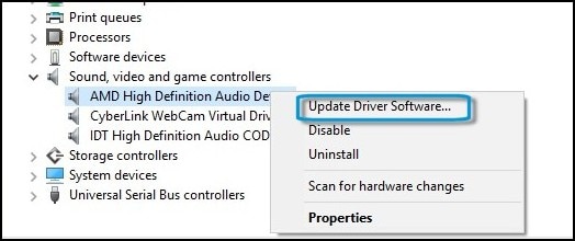 Update Driver Software option in Device Manager