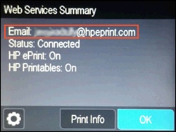 Example of Web Services menu displaying the printer's email address.