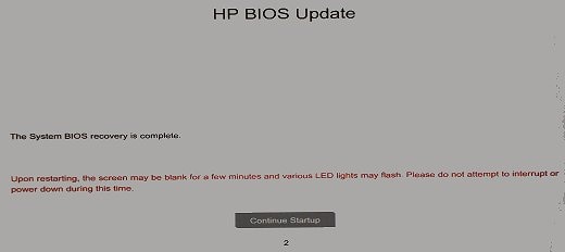  Photo of HP BIOS Update screen showing a Continue Startup button
