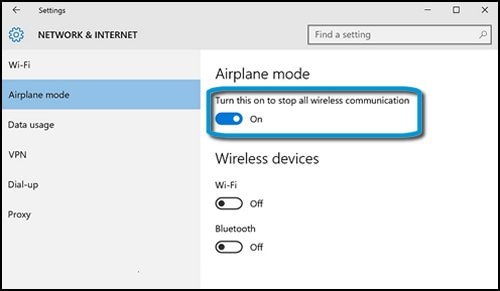 Network & Internet menu with airplane mode set to on