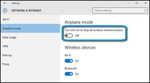 Network & Internet menu with airplane mode set to off