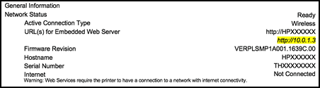 EWS URL on the Network Configuration Page
