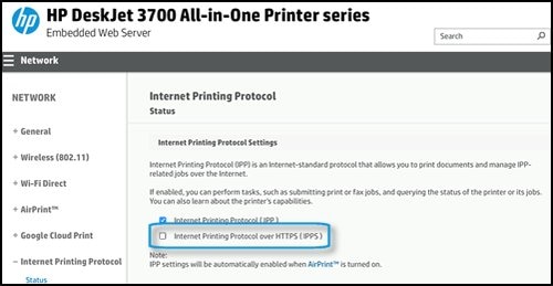 Internet Printing Protocol screen