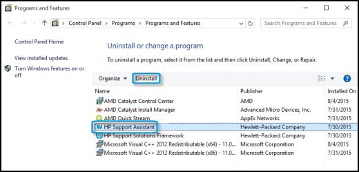 Uninstall screen from the Control Panel with HP Support Assistant highlighted